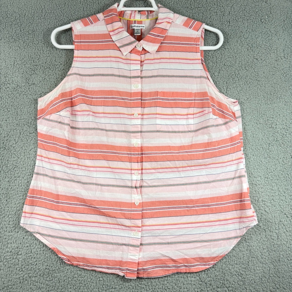 Croft & Barrow Pink and White Striped Sleeveless Button Down Linen Blend Shirt
